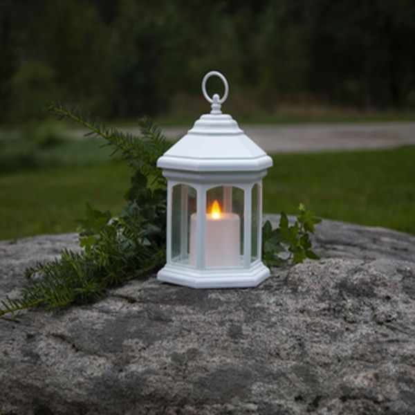 White lantern with candle on batteries H26cm