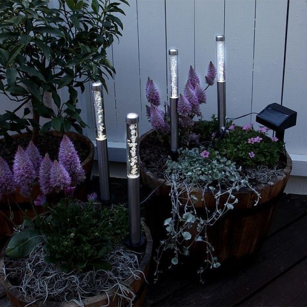 4 Tiges solaire décoratif finition inox pour jardin blanc chaud