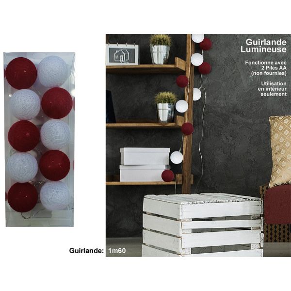 Guirlande lumineuse 10 boules rouges/blanches