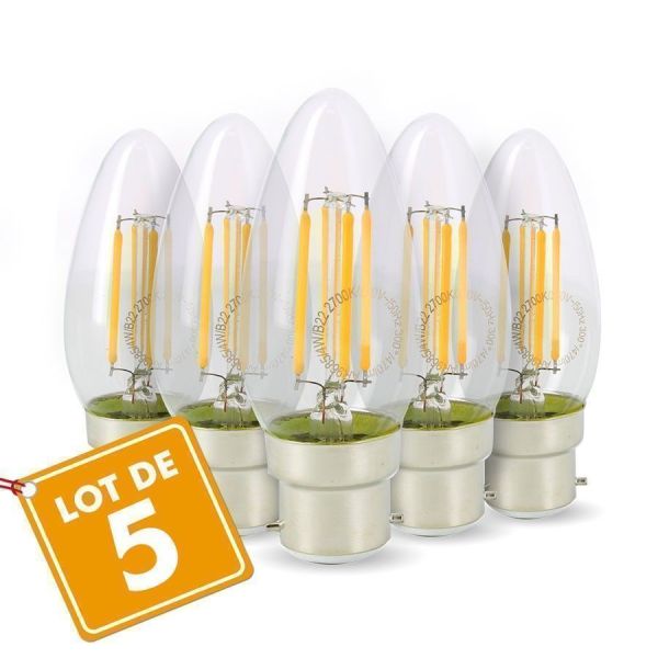 Lot de 5 Ampoules LED Flamme Filament 4w eq. 40W Culot B22 blanc