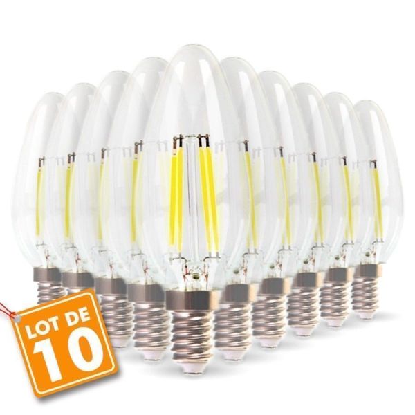Lot de 10 Ampoules LED E14 Flamme Filament 4W Eq 40W blanc chaud 2700K
