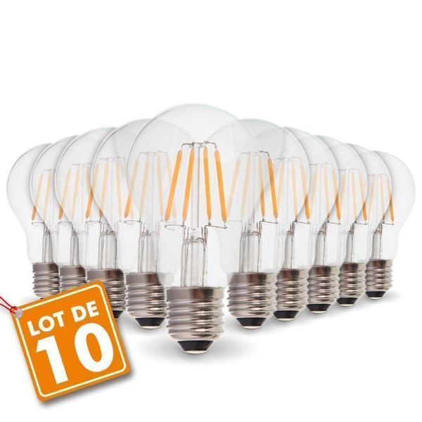 Lot de 10 Ampoules LED E27 6W Filament eq. 54W blanc chaud 2700K